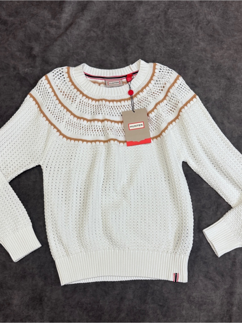 Women HUNTER cotton pointelle open knit coastal cream summer sweater cottagecore